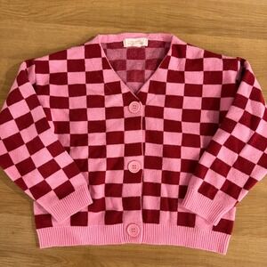 Walking On Sunshine Kids Pink Red Checkerboard Cardigan Sweater Medium